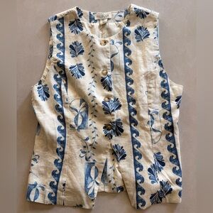 Rachel Zoe Cream and Blue Floral Button Up Tank Blouse